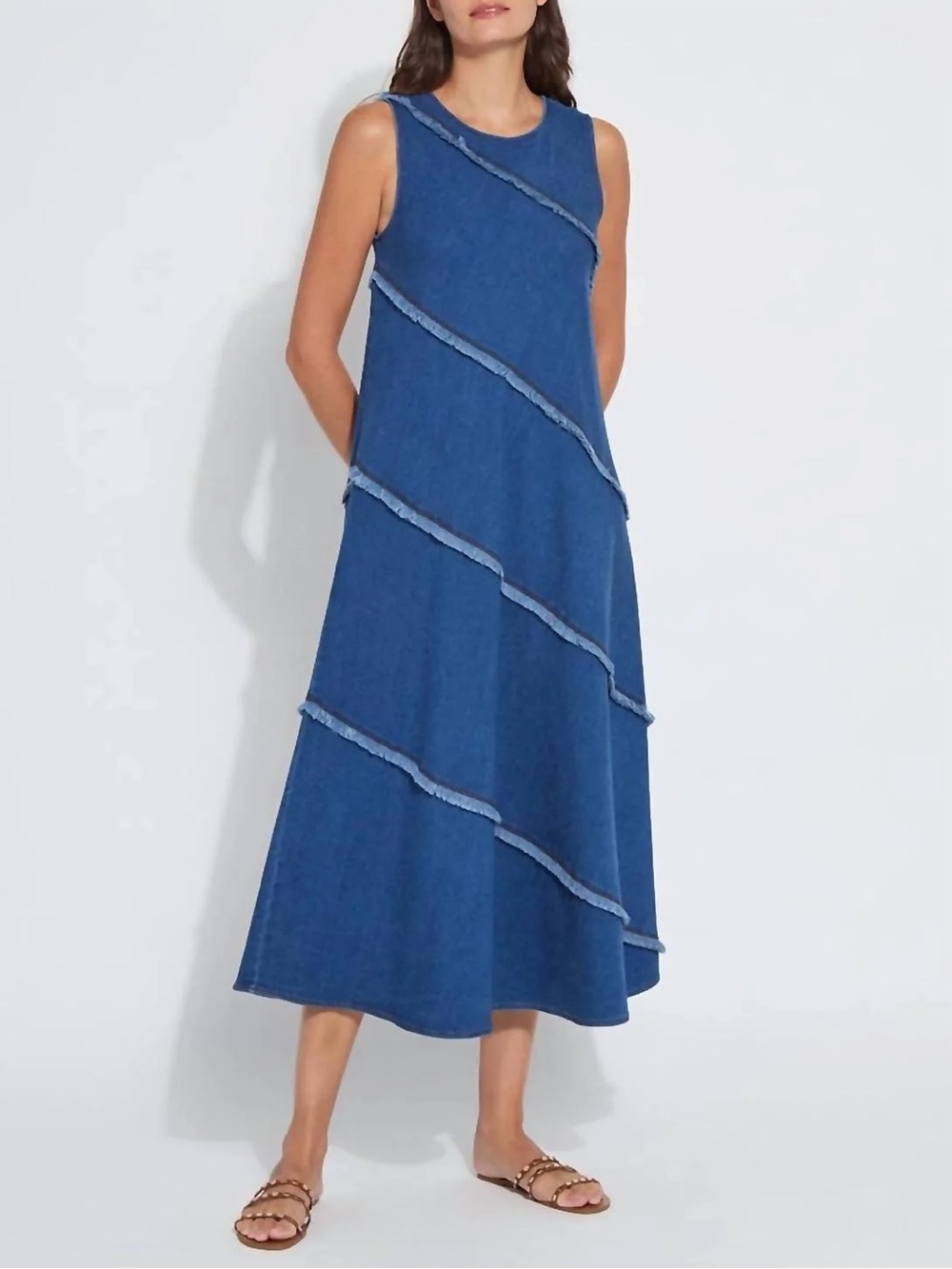 Lysse Mirabella Denim Maxi Dress Blue Frayed Tiered Sleeveless Size M